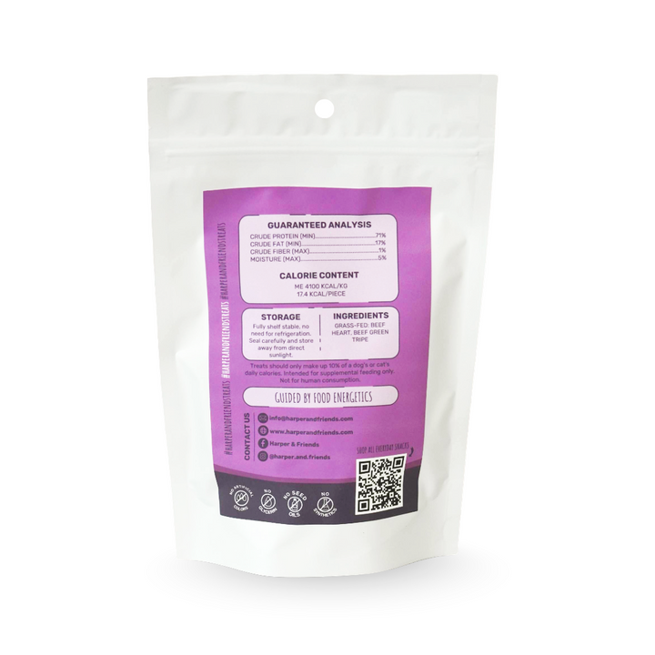 A white stand-up resealable pouch with a large purple and black label on the back, photographed against a clean white background.
