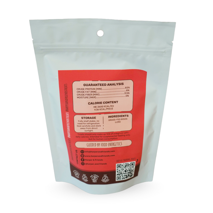 A stand-up resealable pouch of Bison Lung Bars with a white body and a large orange front label showing guaranteed analysis, calories, storage, ingredients, and a QR code.