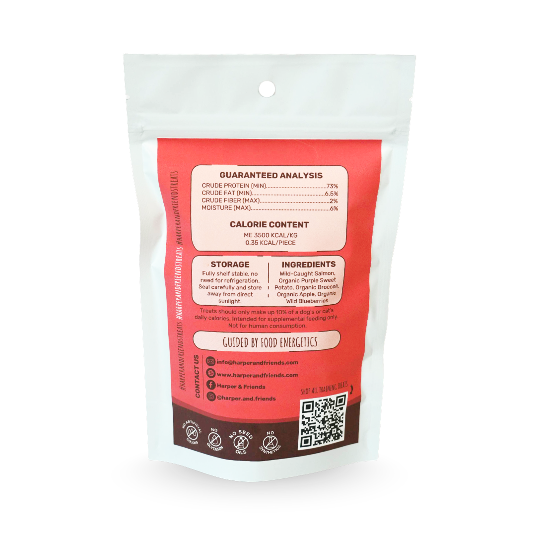A stand-up pouch of salmon micro bites with a white background. The packaging features a prominent orange label with white text detailing guaranteed analysis, calorie content, storage, and ingredients, along with a QR code and contact information.