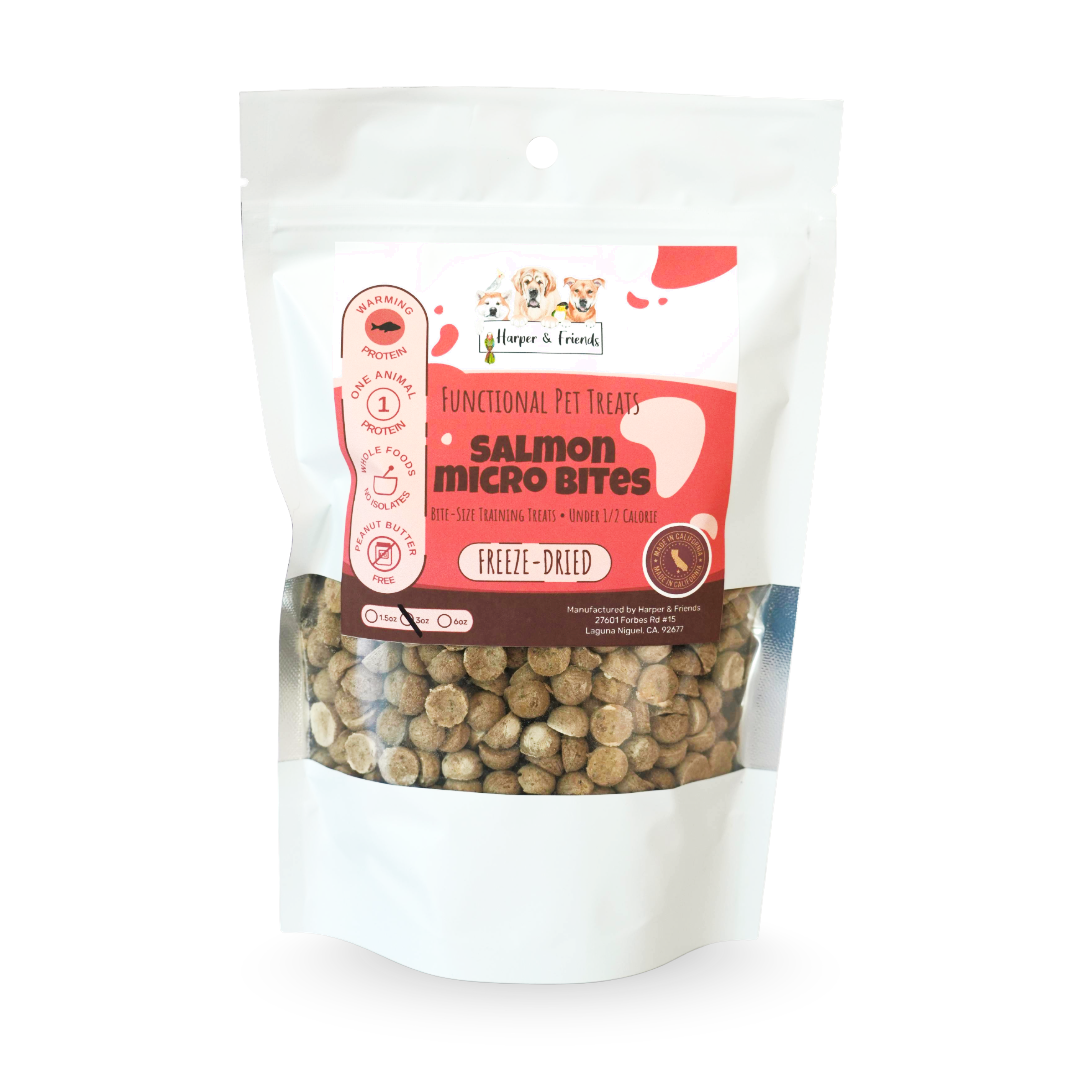 A stand-up pouch of Happy &amp; Friends pet treats, specifically &