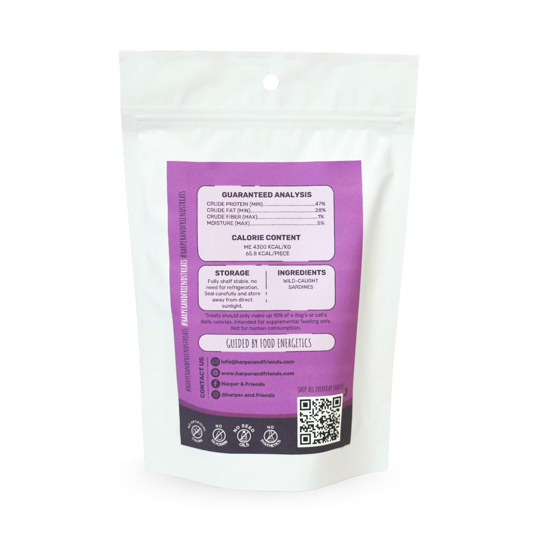 A white stand-up pouch of sardines with a large purple label showing nutritional information, ingredients, and a QR code, photographed on a white background.