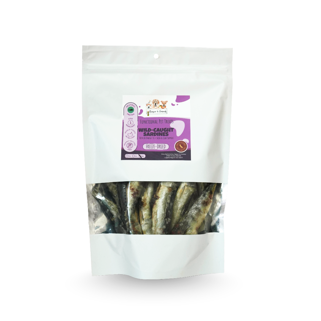 Packaged sardines in a white stand up bag with a purple label on a white background