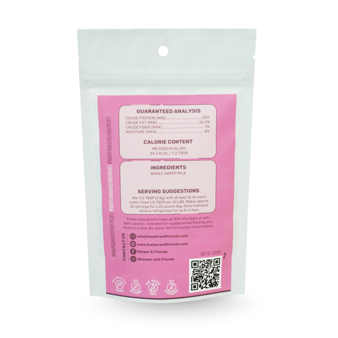 A stand-up pouch of sheep milk protein powder with a pink and white label showing guaranteed analysis, calorie content, ingredients, serving suggestions, and a QR code.
