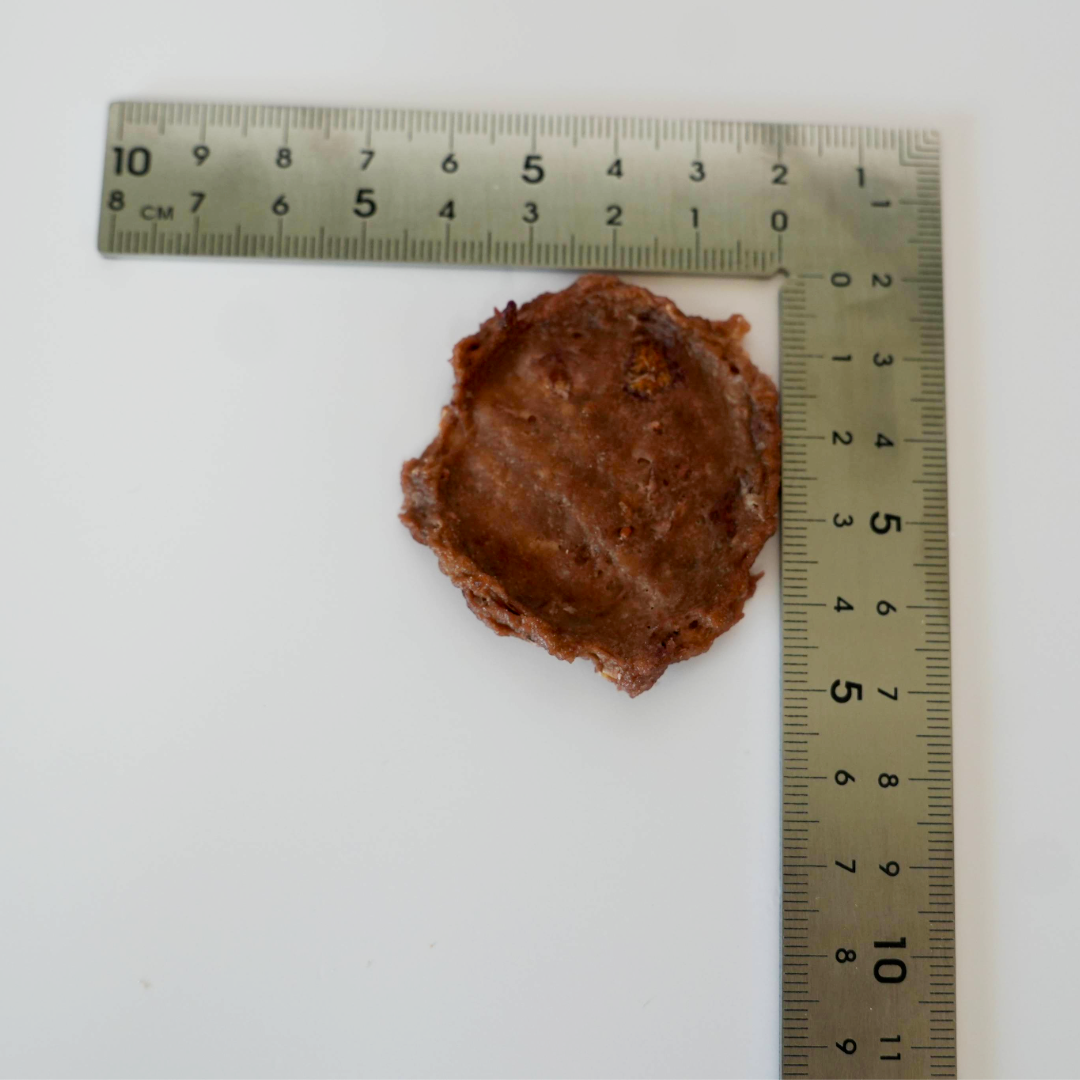 A small brown, irregularly shaped piece of Turkey &amp; Cranberry shown on a white background with an L-shaped metal ruler in centimeters for scale.